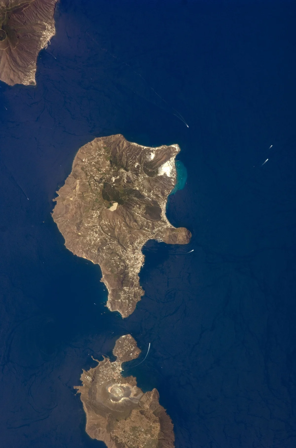 The Aeolian Islands archipelago photographed from space with Stromboli at its edge, Italy