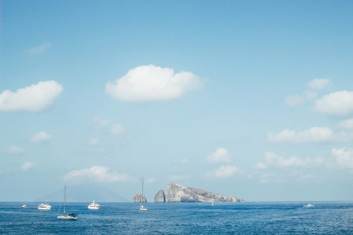 The Stromboli volcano seen across the water from Panarea island, Aeolian Islands, Italy