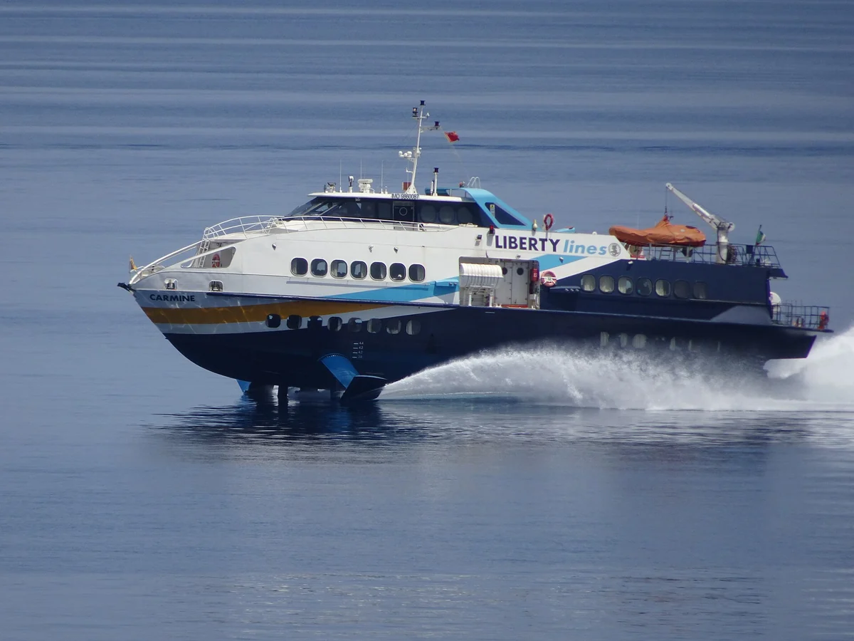 A Liberty Lines hydrofoil under way on the Aeolian Islands run to Stromboli, Italy