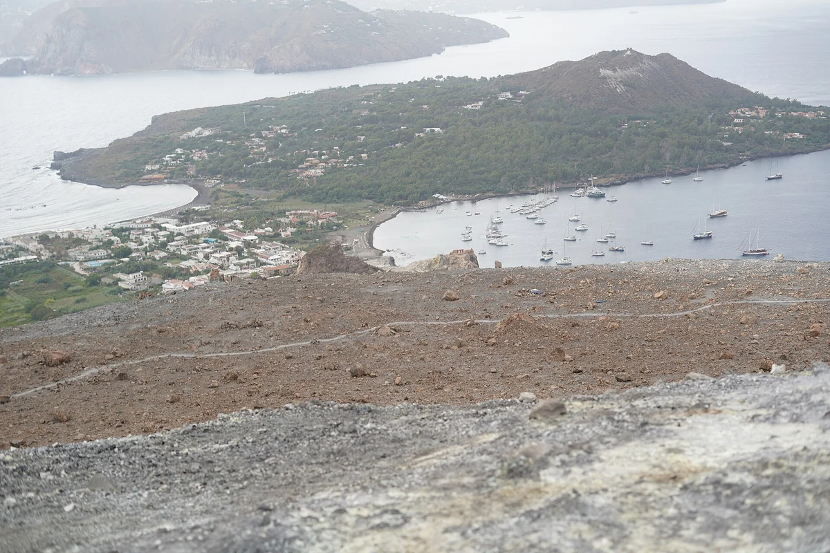View down from the crater crest of Vulcano island across the Aeolian sea, Italy