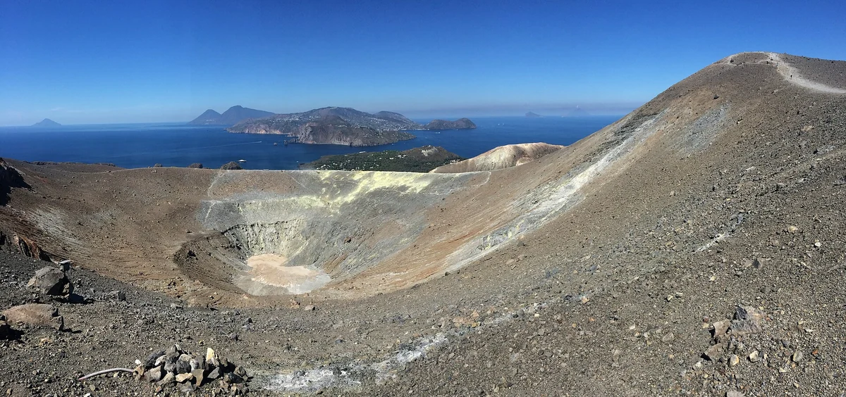 Panorama over the island of Vulcano with its own steaming volcano, Aeolian Islands, Italy